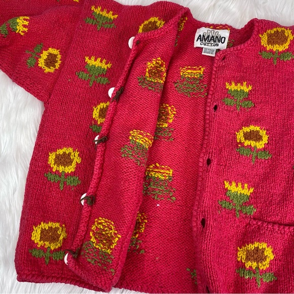 Vintage Amano Cotton Pink Sunflower Cardigan Hand Knit Sweater Women’s One Size - Picture 5 of 10